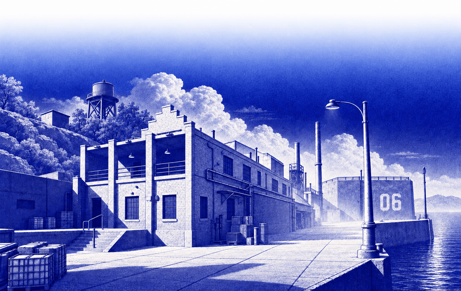 Ilustración azul de un puerto